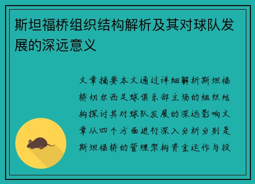 斯坦福桥组织结构解析及其对球队发展的深远意义